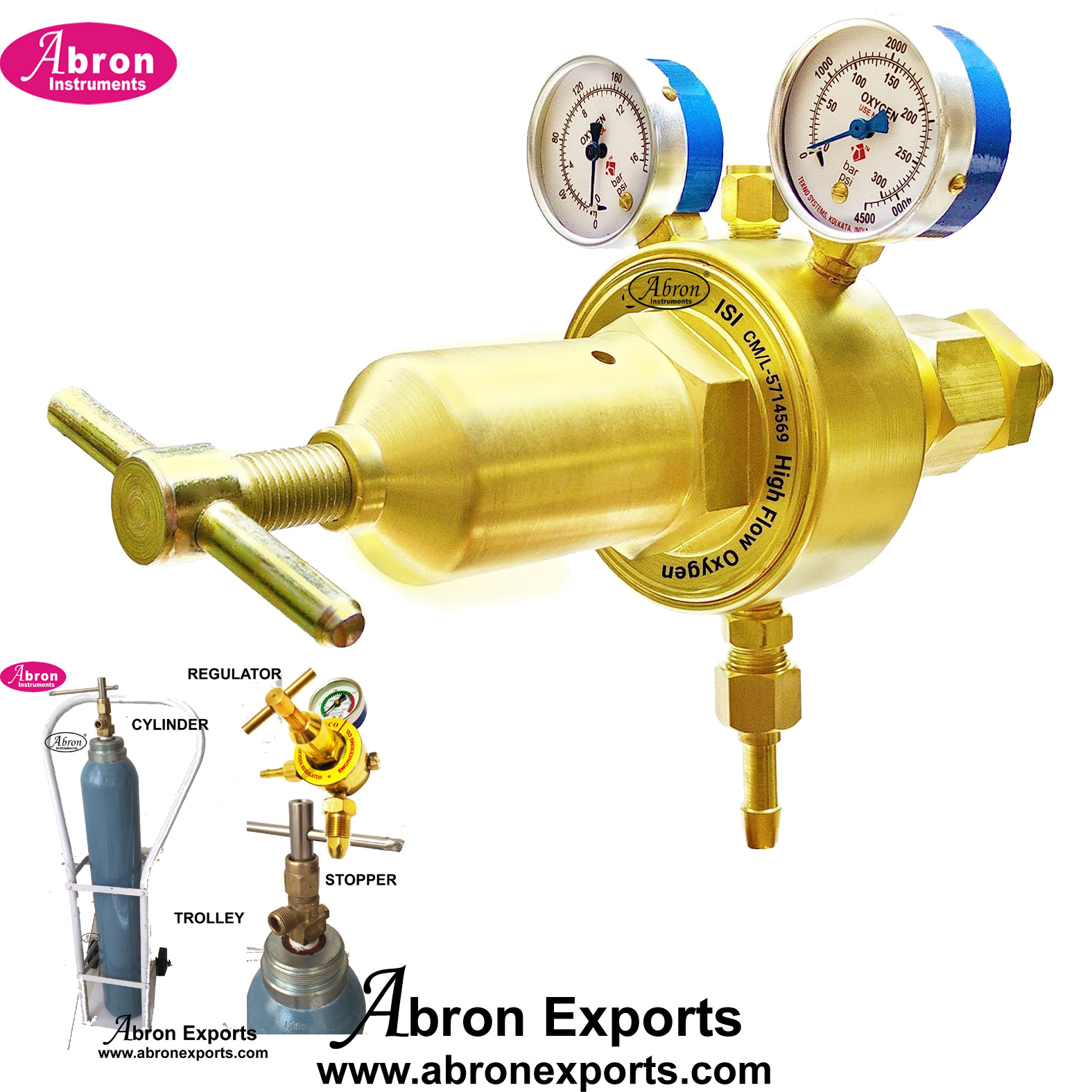 Oxygen Gas Flow Meter High flow Single Stage Double Gauge Pressure Regulator Brass for cylinder Abron ABM-1123GB 